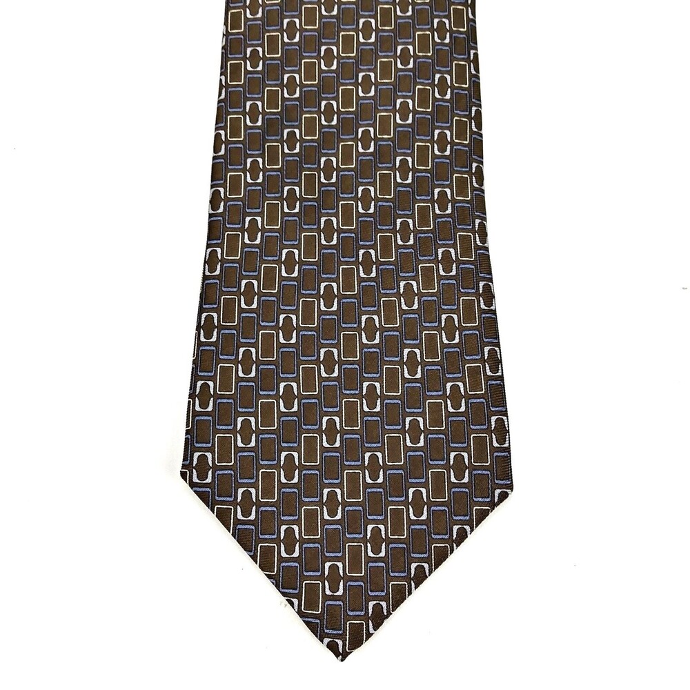 Ermenegildo Zegna Brown Blue Beige Geometric Elegant 100% Silk Tie EUC Necktie